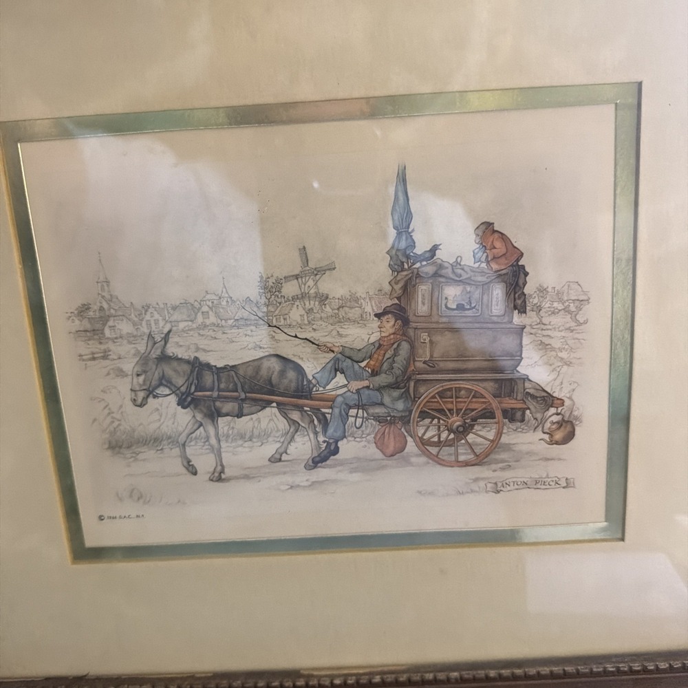 Vintage 1966 Anton Pieck Framed Print Donkey Carriage Traveler!